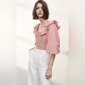 ZARA STRIPED CROPPED TOP WITH RUFFLES SIZE S